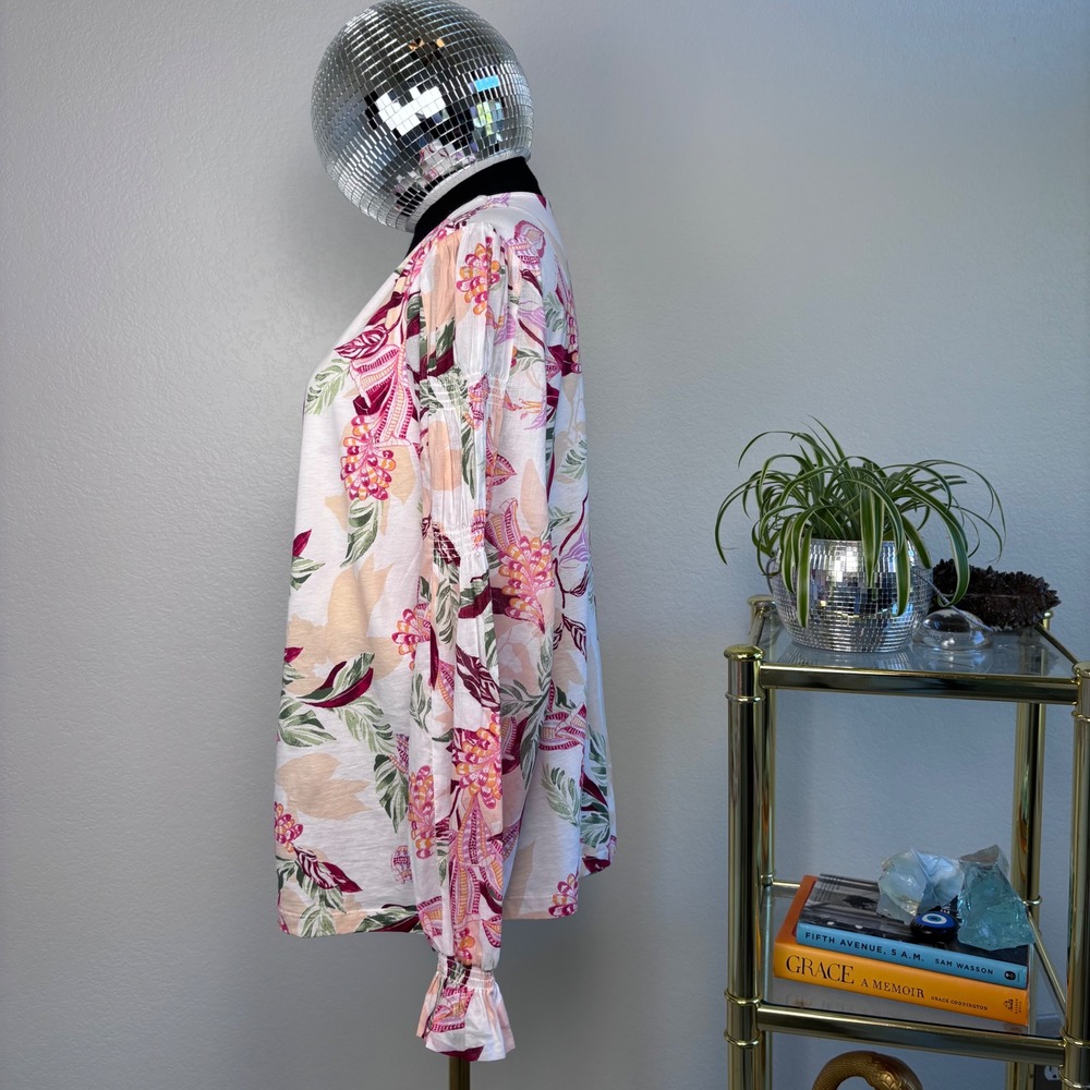Chicos Pima Cotton Floral Smocked Long Sleeve Tee Size 2 Large Ecru Pink NWT - Picture 3 of 16